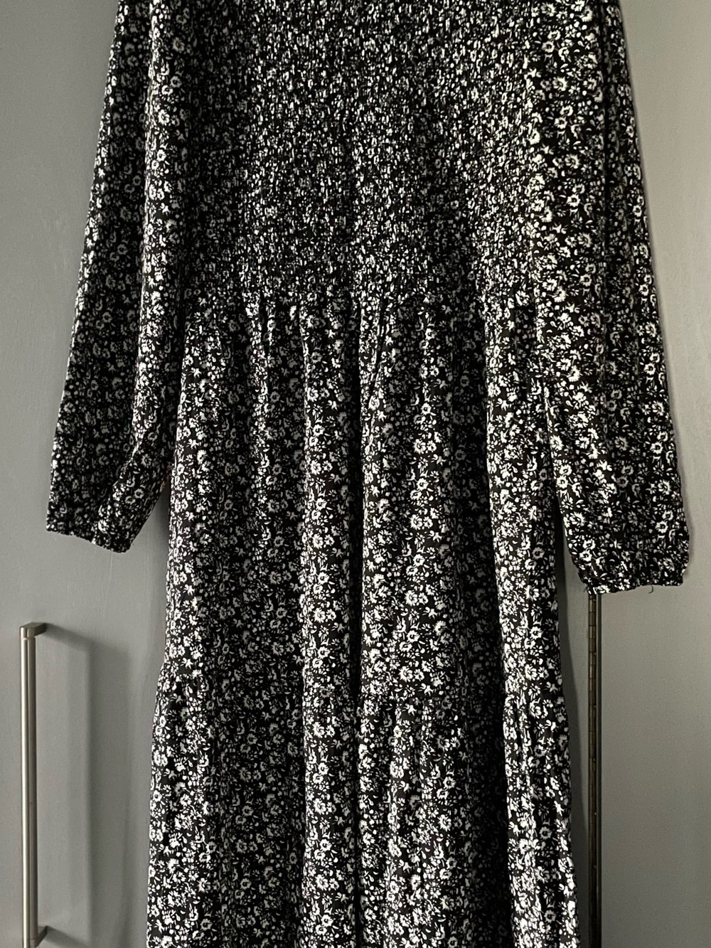 Black and White Floral Midi Dress with Smocked Bodice